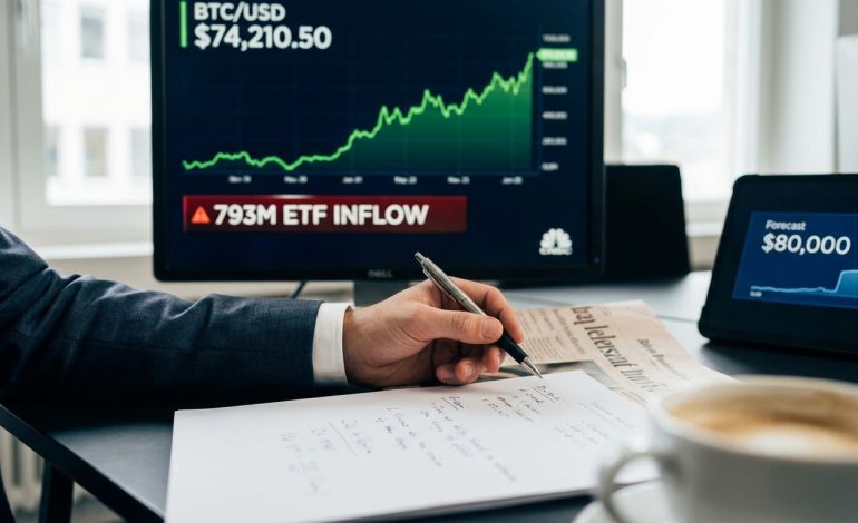 Bitcoin grimpe à 74 000 $ grâce à 793 millions de dollars injectés via les ETF : vers un sommet à 80 000 $ ?