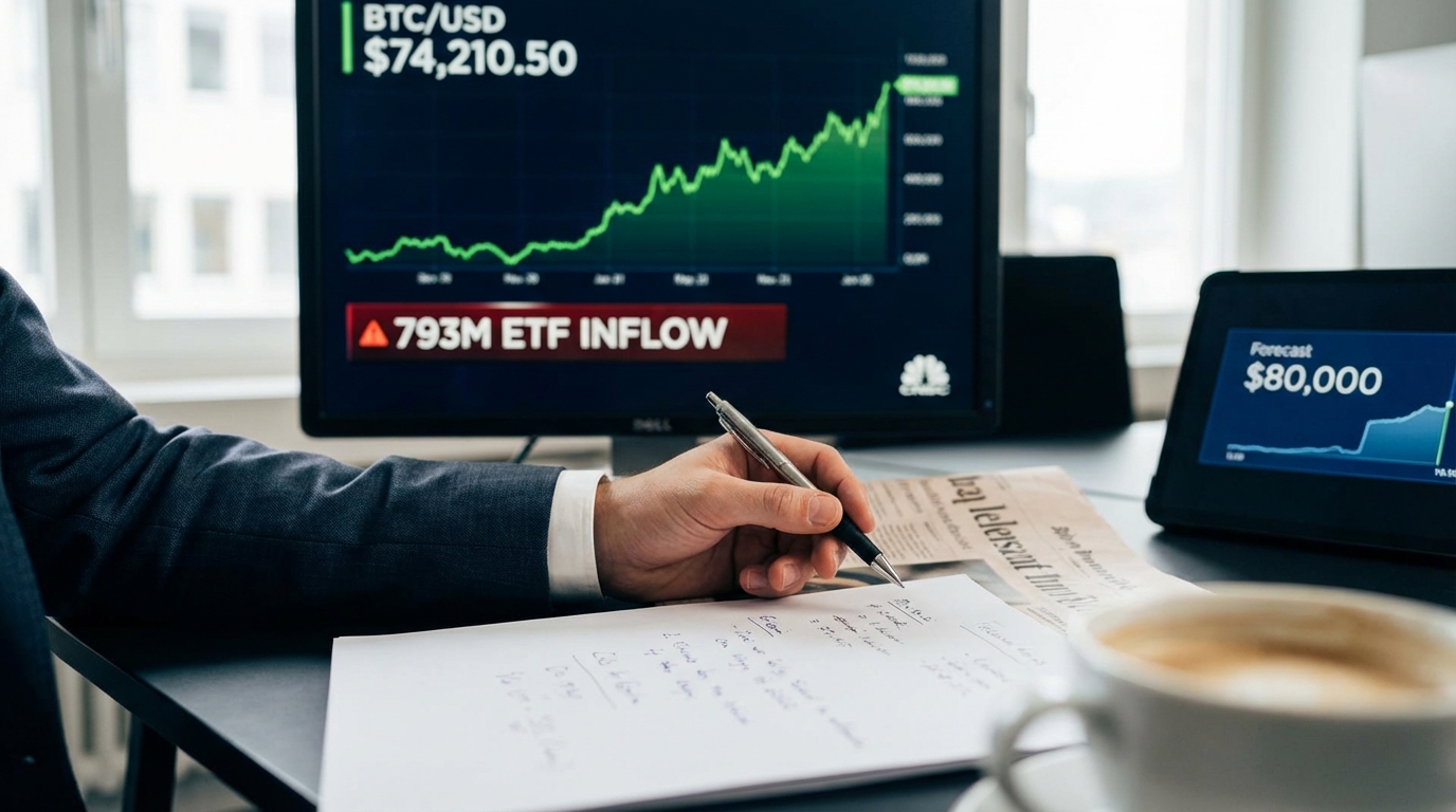 Bitcoin grimpe à 74 000 $ grâce à 793 millions de dollars injectés via les ETF : vers un sommet à 80 000 $ ?
