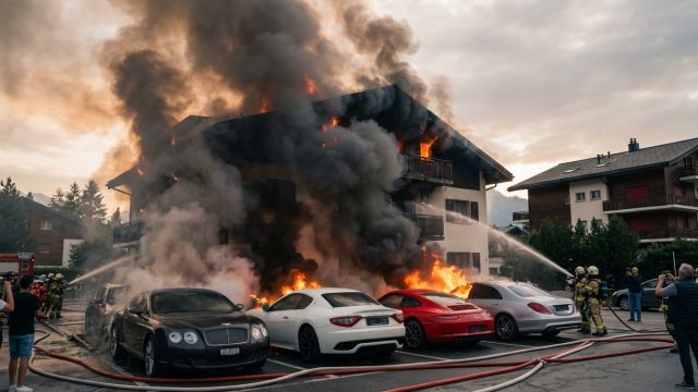 incendie majeur à crans-montana détruisant une bentley, maserati, porsche et mercedes, causant une perte estimée à un demi-million de francs.
