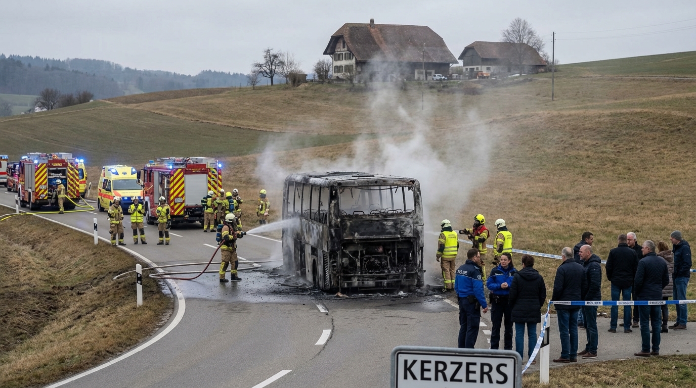 Suisse : Tragédie à Kerzers, un incendie d&rsquo;autocar fait au moins six morts, une piste criminelle envisagée