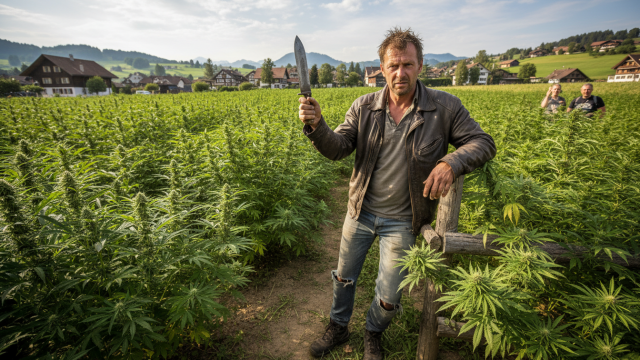 un homme exhibe un couteau en public et dévoile par inadvertance sa plantation de cannabis, suscitant l'étonnement et l'intervention des autorités.