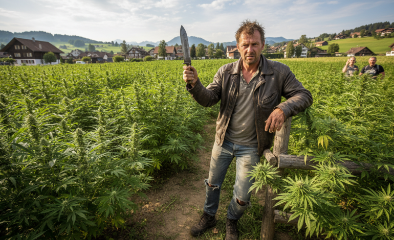 un homme exhibe un couteau en public et dévoile par inadvertance sa plantation de cannabis, suscitant l'étonnement et l'intervention des autorités.