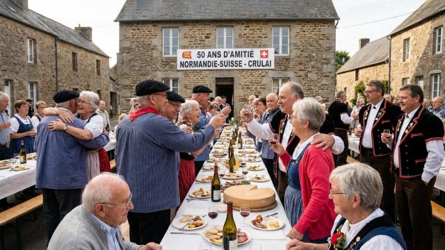 les normands de crulai fêtent 50 ans d'amitié avec leurs amis suisses lors d'une célébration conviviale et mémorable.