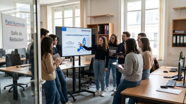 découvrez comment les jeunes participent à une séance immersive pour explorer l'union européenne au cœur des locaux de paris normandie, mêlant apprentissage et découverte interactive.