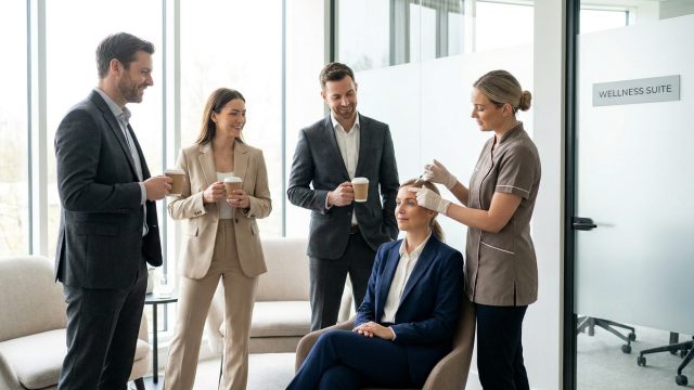 découvrez la pause déj' botox, un soin express où femmes en tailleur et hommes en costume se retrouvent pour sublimer leur peau rapidement durant leur pause déjeuner.