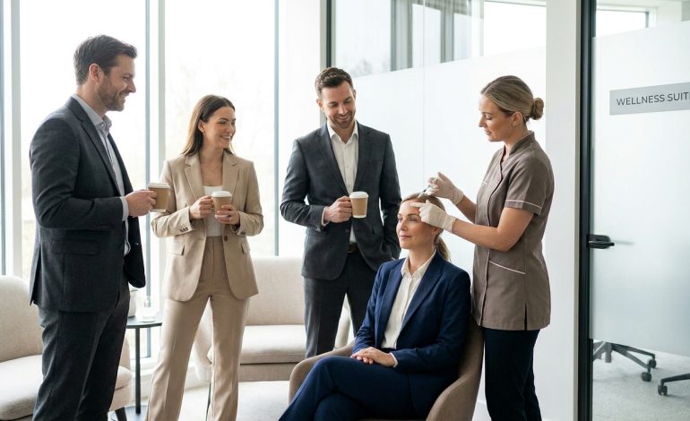 découvrez la pause déj' botox, un soin express où femmes en tailleur et hommes en costume se retrouvent pour sublimer leur peau rapidement durant leur pause déjeuner.