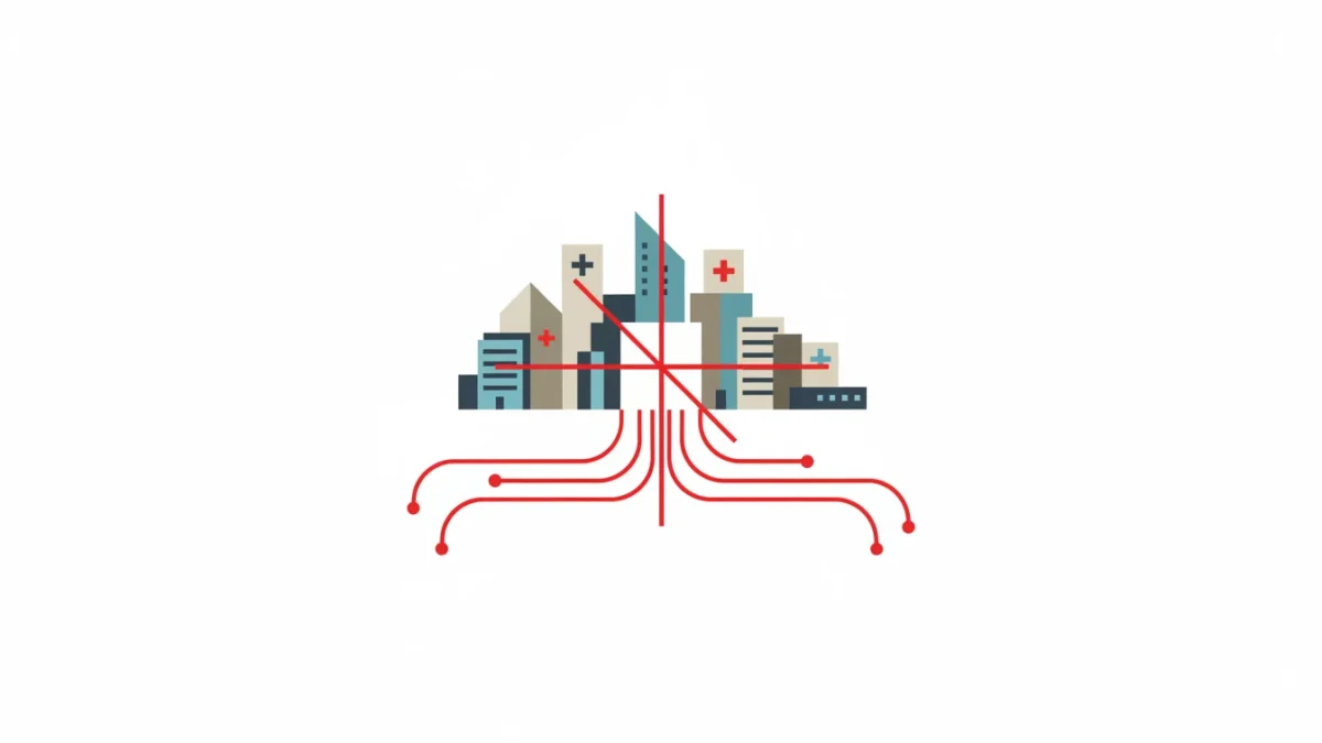 Illustration d'un réseau de santé coordonné avec hôpital, médecins et pharmaciens connectés.