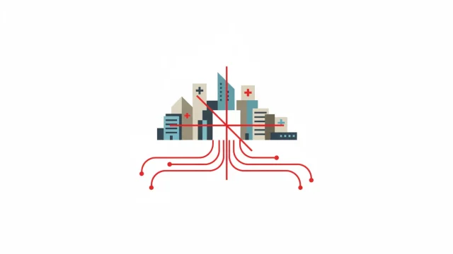 Illustration d'un réseau de santé coordonné avec hôpital, médecins et pharmaciens connectés.