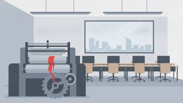 Salle de rédaction vide avec bureaux abandonnés et imprimante de journal.