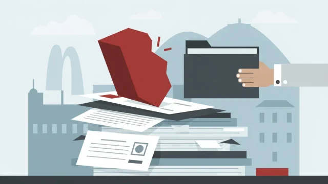 Dossiers de faillite et documents administratifs dans un bureau genevois