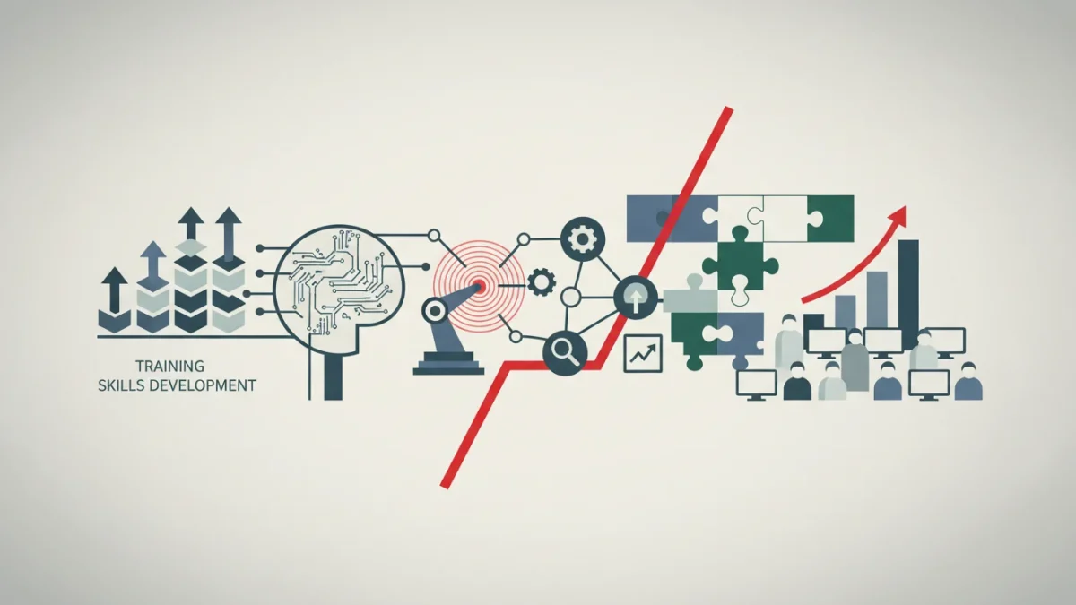 Personne suivant une formation professionnelle sur ordinateur, symbolisant la reconversion face aux mutations technologiques.