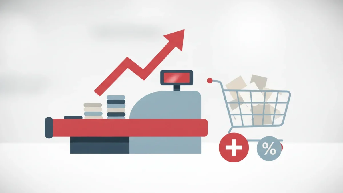 Caisse de supermarché suisse avec terminal de paiement et articles en attente de passage.