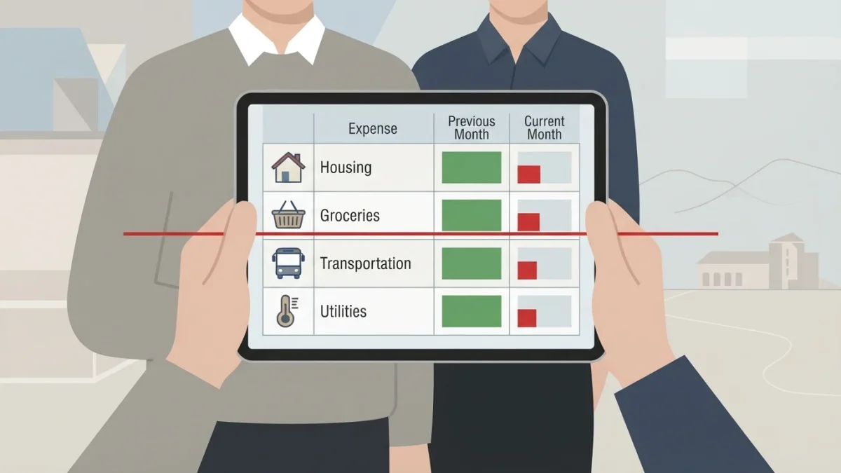 Famille romande consultant son budget mensuel, factures et relevés bancaires sur table.