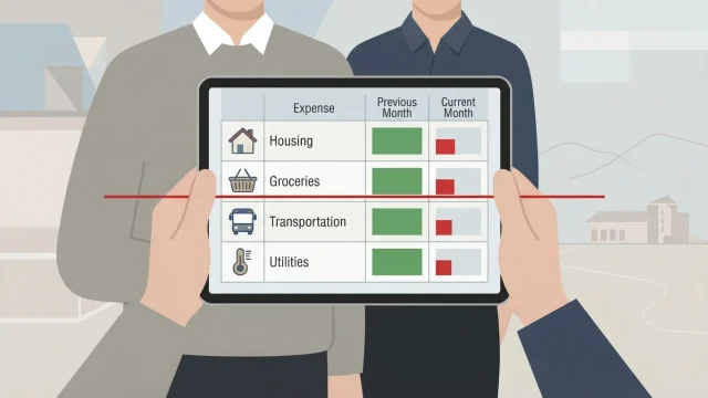 Famille romande consultant son budget mensuel, factures et relevés bancaires sur table.