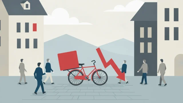 Coursier à vélo livrant des repas dans une rue urbaine suisse.