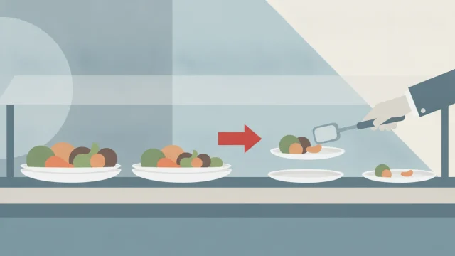 Assiette servie dans un restaurant Migros ou Coop avec portions standardisées.