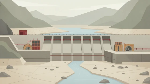 Lit de rivière asséché près d'un barrage hydroélectrique suisse, illustrant l'impact de la sécheresse sur la production d'électricité.